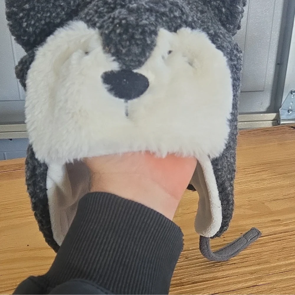 Gray/White Fox Trapper Hat w/ Ear Flaps, Lined Faux Fur Fleece 12-24M
